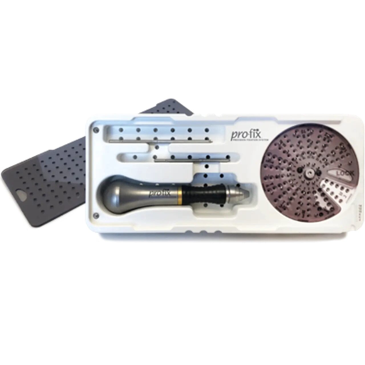 The Osteogenics Pro-Fix Membrane Fixation Intro Kit includes a handle, several drill bits, and a circular drill guide, all organized in a white tray with a black perforated cover beside it.