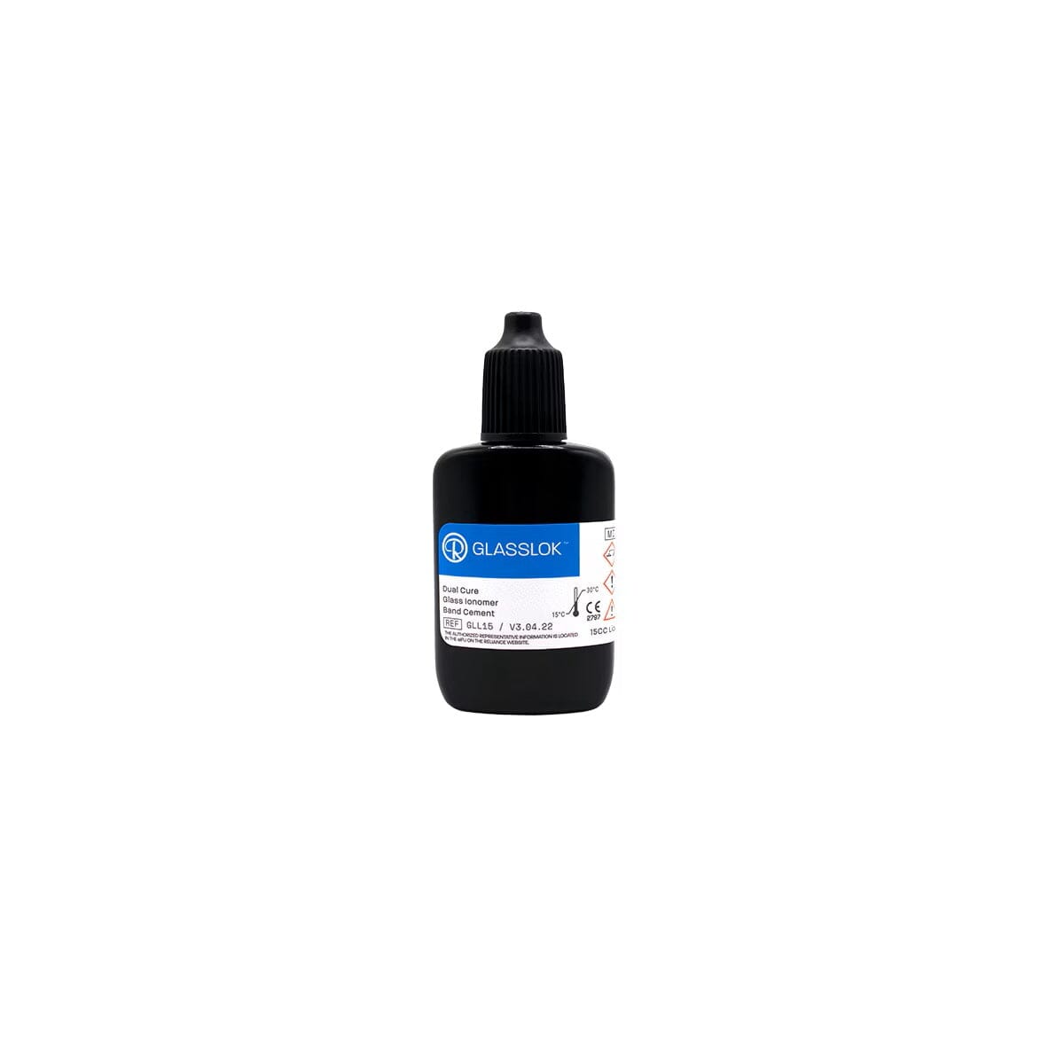 A small black plastic bottle with a pointed nozzle cap, labeled Reliance Glasslok Liquid Dual Cure Glass Ionomer Band Cement Natural 15g, features blue and white branding. The bottle is centered on a plain white background.