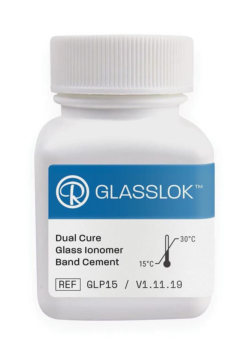 A white plastic bottle labeled Reliance Glasslok Powder Dual Cure Glass Ionomer Band Cement 15g contains powder for dental use, with version V1.11.19, ref GLP15, and temperature markers at 15°C and 30°C on the front.