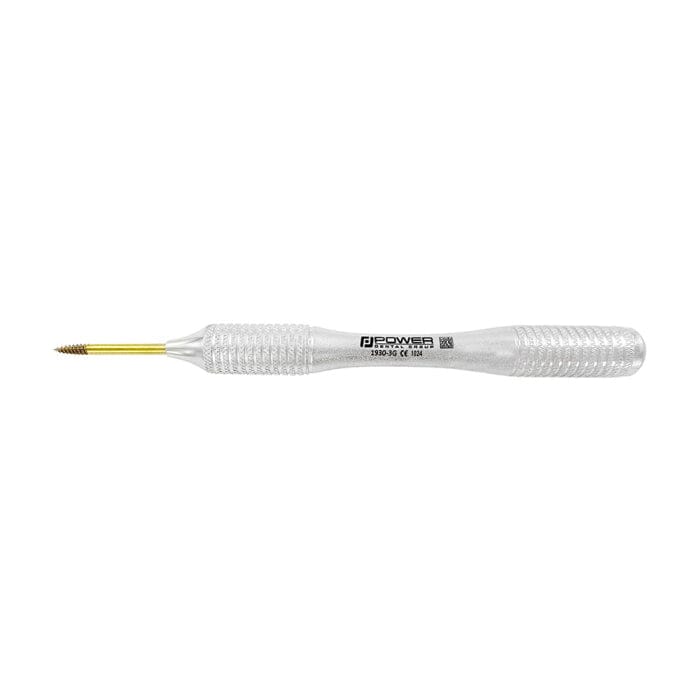 A close-up of the Power Dental Group Root Extraction Screw Titanium Instrument - Anterior, featuring a textured grip and thin gold-colored tip, isolated on a white background.