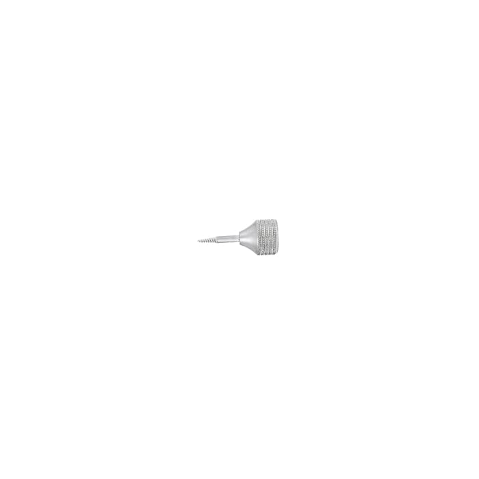 The Root Extraction Instrument - Posterior by Power Dental Group is a small metallic dental screw with a ridged cylindrical head and pointed threaded tip, displayed against a plain white background.