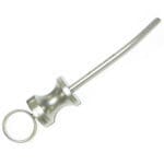 The BONE CARRIER-4mm; OBLIQUE TIP by Xemax Surgical Products Inc. is a stainless steel medical instrument with a curved, slender 4mm tube, flared base, circular handle, and precise oblique tip for surgical or diagnostic use.