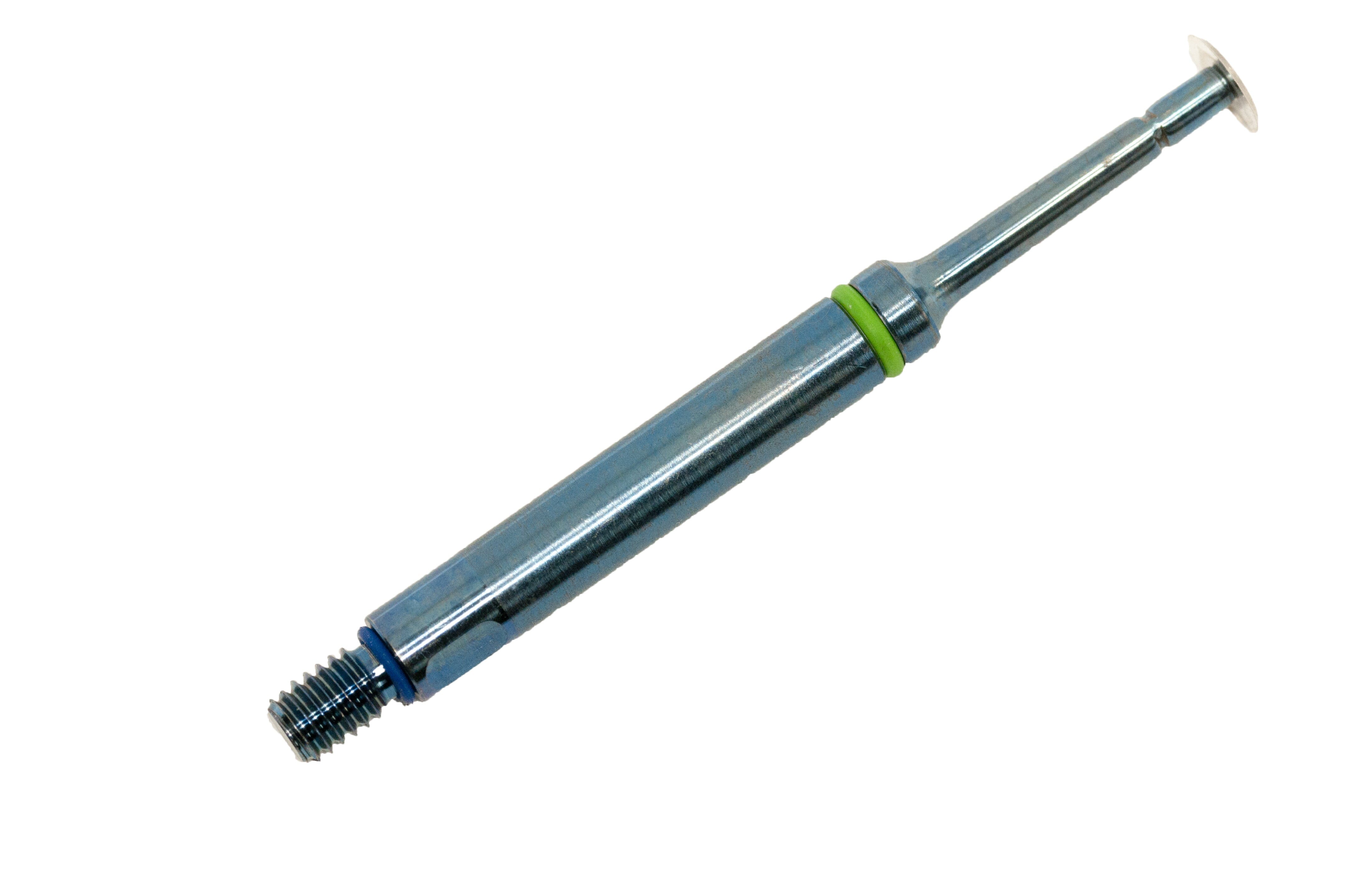 The McBio Straight Replacement Blade for STS Bone Collector (no Tank) is a metallic dental tool with a threaded end, narrow shaft, and small circular tip. Distinctive green and blue rings accent the shaft. Shown isolated on a white background.