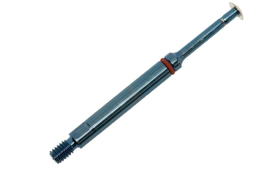 A close-up of a McBio Straight Replacement Blade for STS Bone Collector (no Tank), featuring a threaded end, smooth shaft, and red rubber ring near the middle, isolated on a white background.