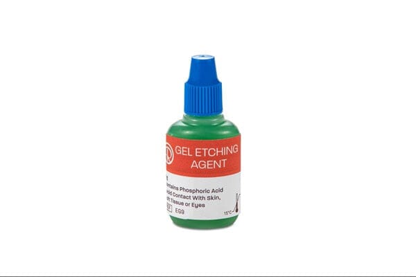 A small green plastic bottle of Reliance Cusp-Lok Etchant Gel 37% Phosphoric Acid (9g), used as an enamel conditioner for orthodontic bonding, features a blue screw-on cap and red warning label, shown on a white background.