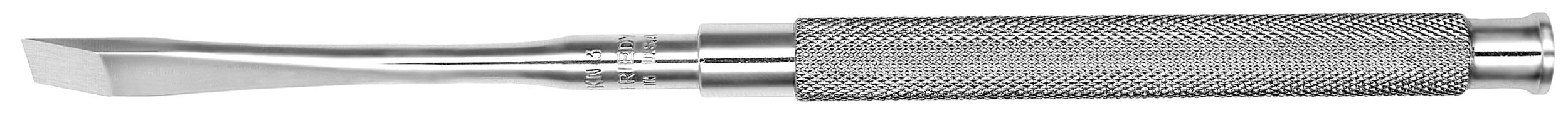 A close-up of the Hu-Friedy Kramer-Nevins Bone Chisel, a metal hand tool by Hu-Friedy with a flat chisel tip and textured cylindrical handle, commonly used for precise single-bevel bone manipulation.