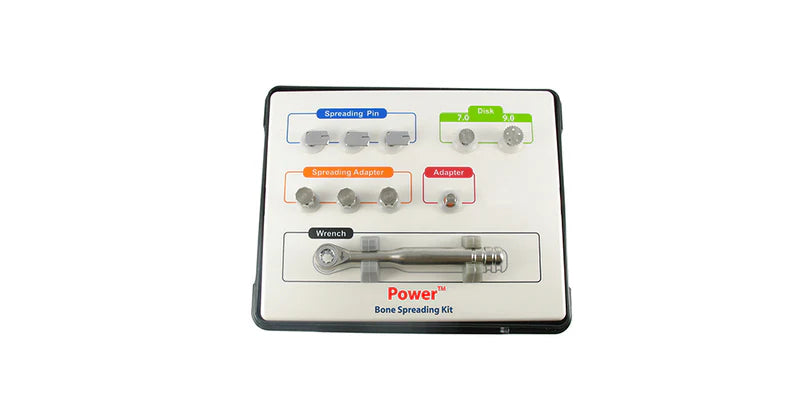 The POWER Bone Spreading Kit – Ridge Expansion System by Power Dental Group features labeled, color-coded compartments with spreading pins, disks, spreading adapter, adapter, and wrench—ideal for implant placement and alveolar ridge expansion.