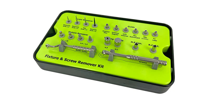 The Power Dental Group Screw & Implant Fixture Removal Kit is a green and black set for dental implant removal, with labeled tools—guides, removers, and a wrench—organized in a plastic tray.