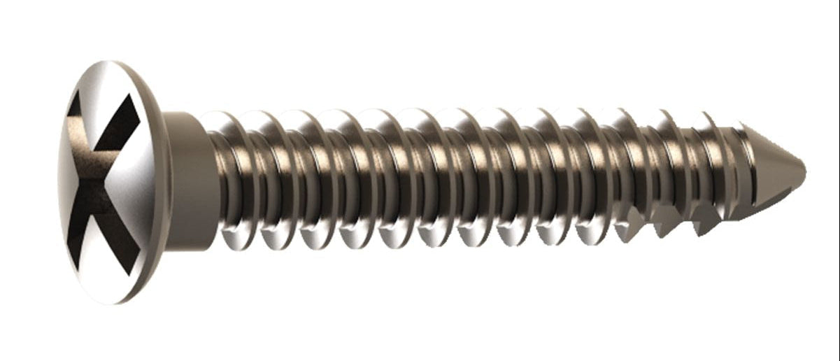 A close-up of an Osteogenics Pro-Fix Self-Tapping Bone Screw (Refills), a shiny metallic Phillips-head screw with a round head and threaded body, used in dental bone grafting, set against a white background.