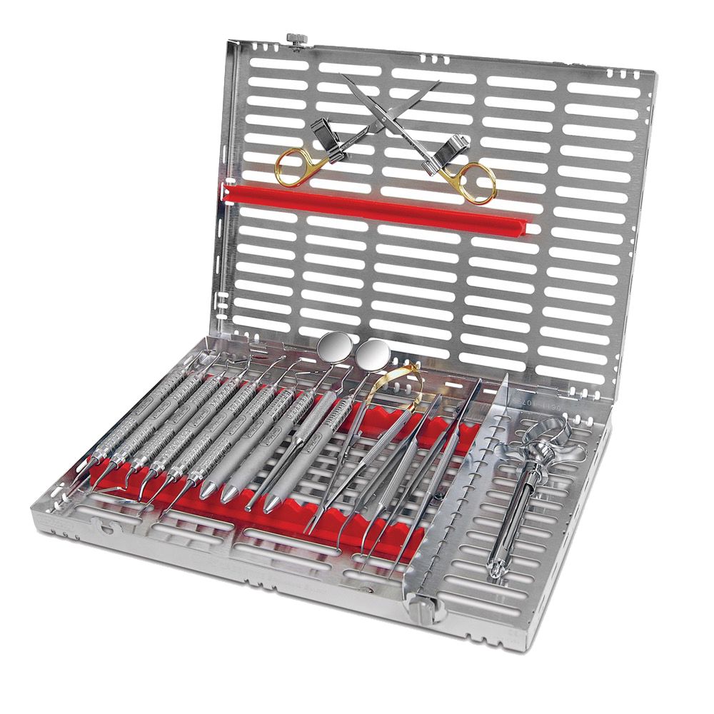 A Hu-Friedy Allen Oral Plastic Surgery Kit sterilization case is open, showing dental instruments like forceps, scalers, and probes in rows, organized with red silicone holders for soft-tissue grafting.