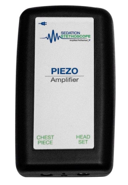 A rectangular black Sedation Stethoscope Piezo Bluetooth Rechargeable Amplifier features Chest Piece and Head Set buttons on the front, making it an ideal Pretracheal Stethoscope Replacement. Brand: Sedation Stethoscope.