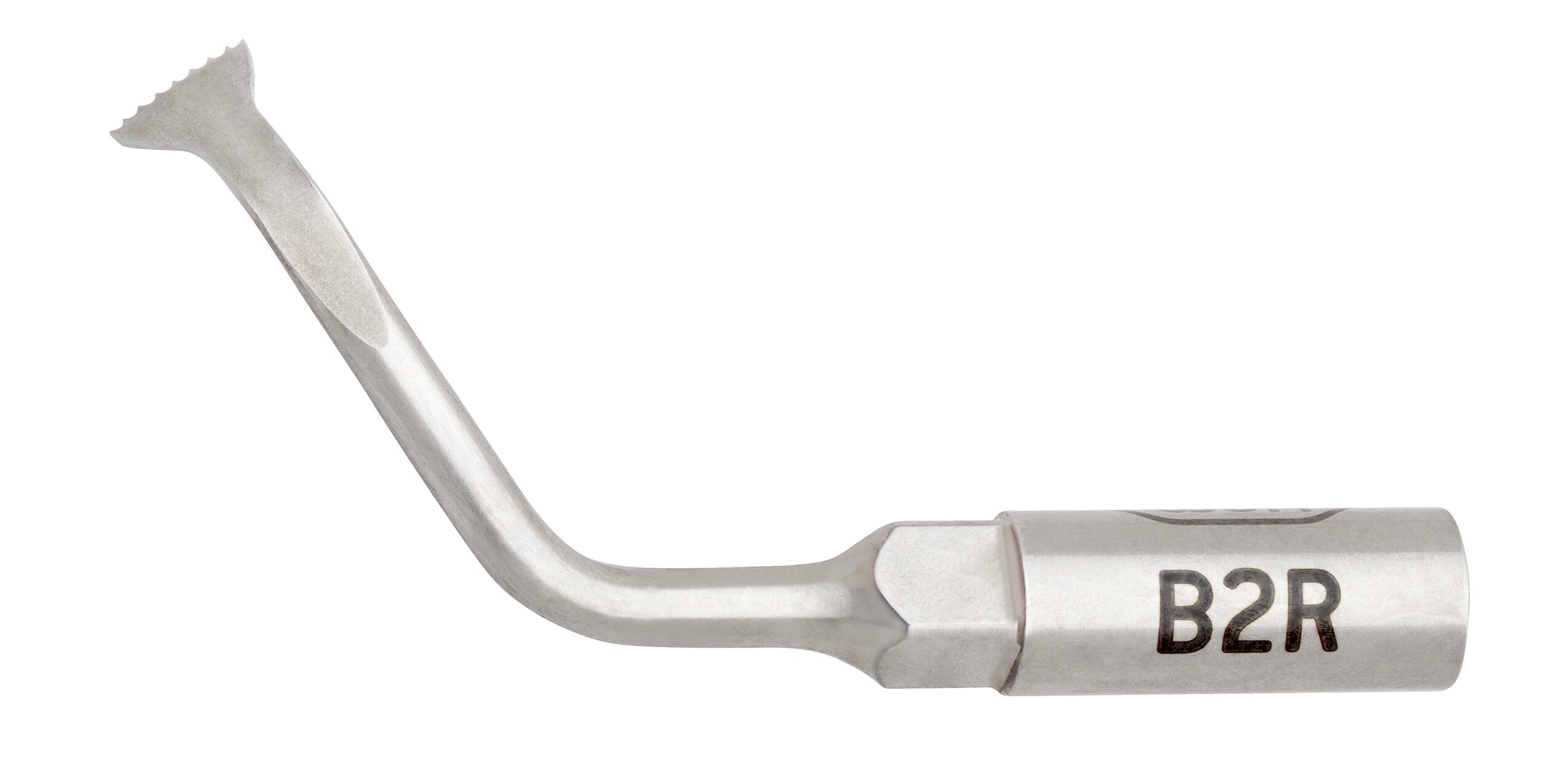 W&H Piezomed Bone Surgery Tip B2R, a metal dental scaler tip with a notched end and curved shaft designed for bone surgery procedures, shown isolated on a white background.