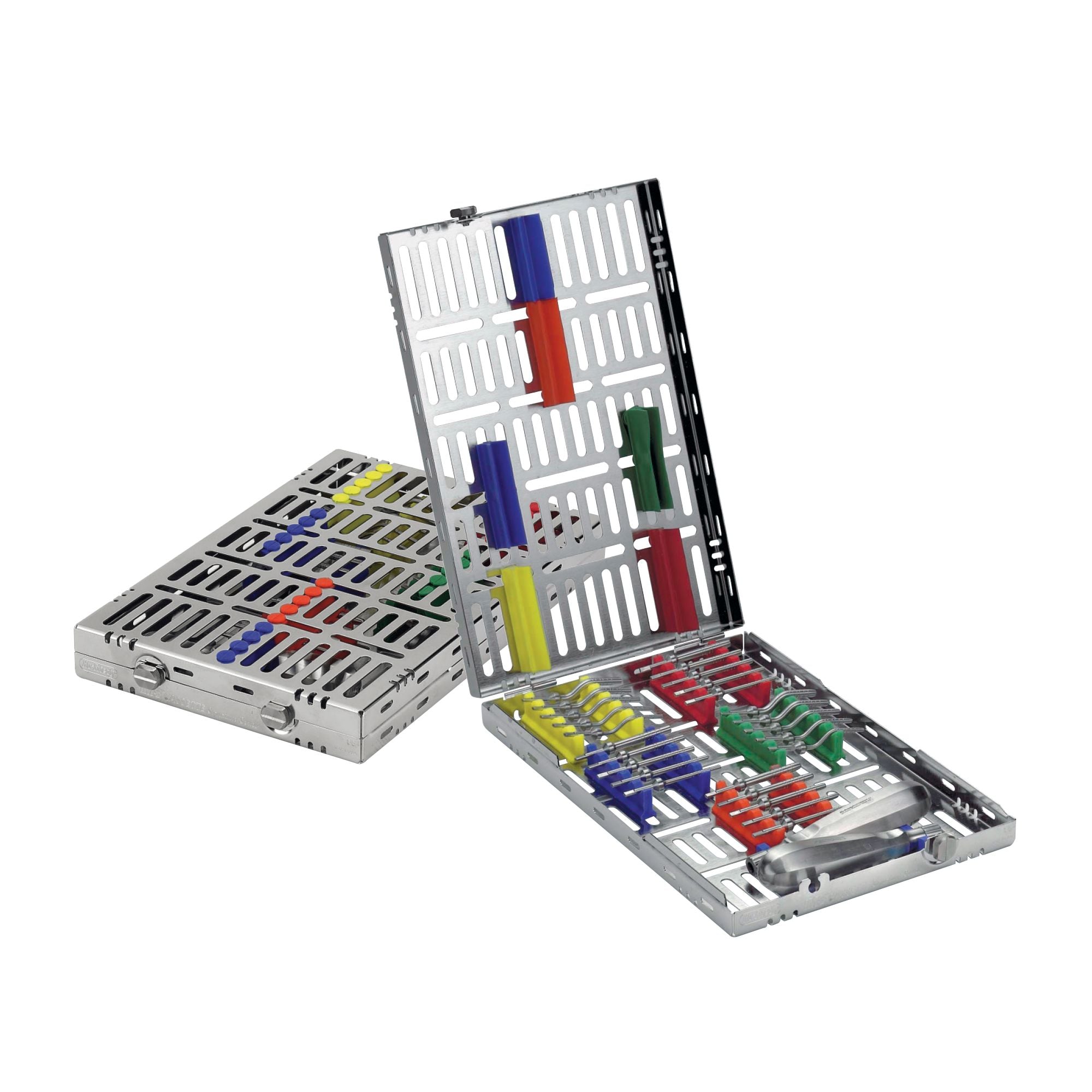 The Hu-Friedy Bone Spreading Kit features a metal cassette with a universal handle, interchangeable tips, and color-coded silicone holders for dental tools, shown open and closed on a white background.