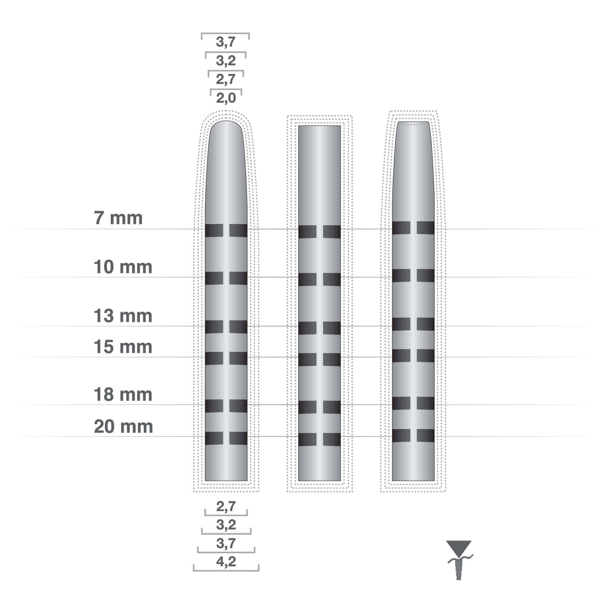 Diagram displaying three cylindrical instruments from the Hu-Friedy Bone Spreading Kit, each marked with measurements from 7 mm to 20 mm in 3 mm steps, showing horizontal dashed lines and precise width markings at both ends for crestal sinus lift use.