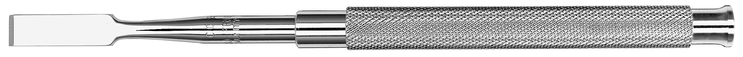 A close-up of the Hu-Friedy Chandler Bi-Bevel Bone Chisel, featuring a textured surgical-grade stainless steel handle and a flat, rectangular blade, by Hu-Friedy, displayed on a white background.