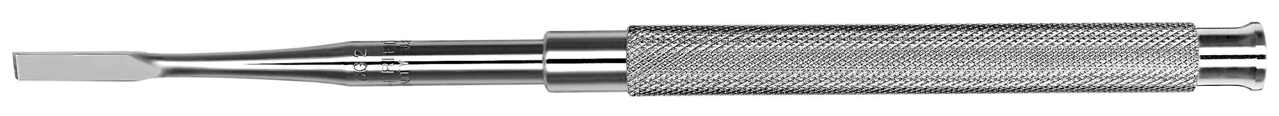 The Hu-Friedy Gardner Bone Chisels, by Hu-Friedy, feature a flat, rectangular metal blade and textured handle; they are used in oral surgery for shaping or removing bone or teeth during surgical bone management.