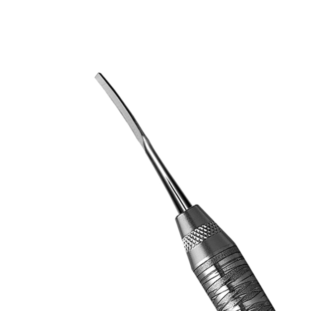A close-up of the Hu-Friedy 1/2 Kramer-Nevins DE Periodontal Bone Chisel, featuring a curved, flat tip and textured handle, set against a plain white background.