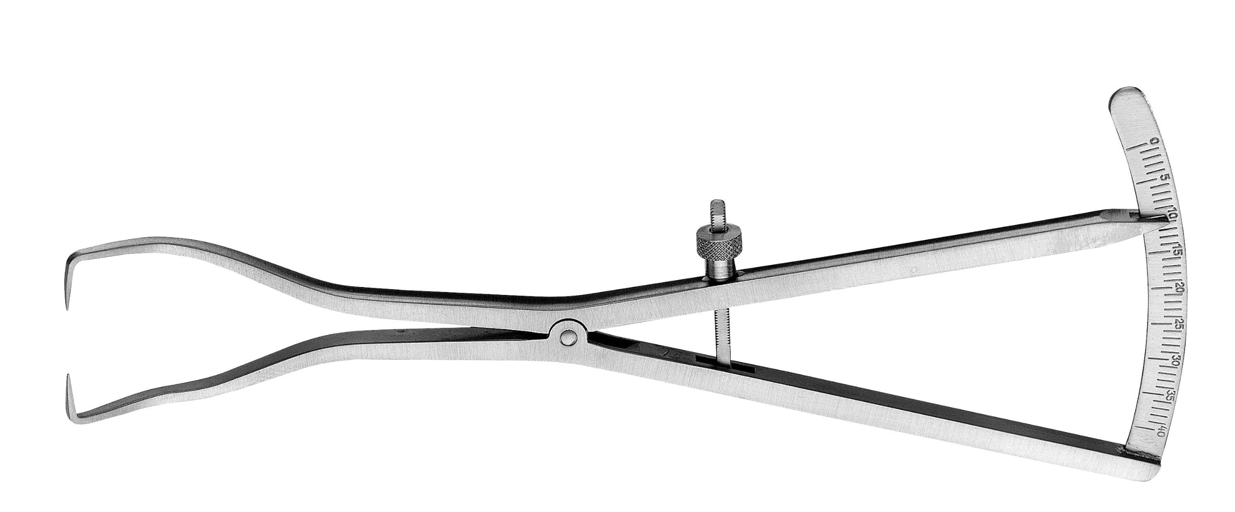 The Hu-Friedy Curved Bone Caliper-Weiss Mod 40mm features Weiss-pattern jaws, a scale for precise body fat or bone thickness measurements, and an adjustment screw. Made of surgical stainless steel.