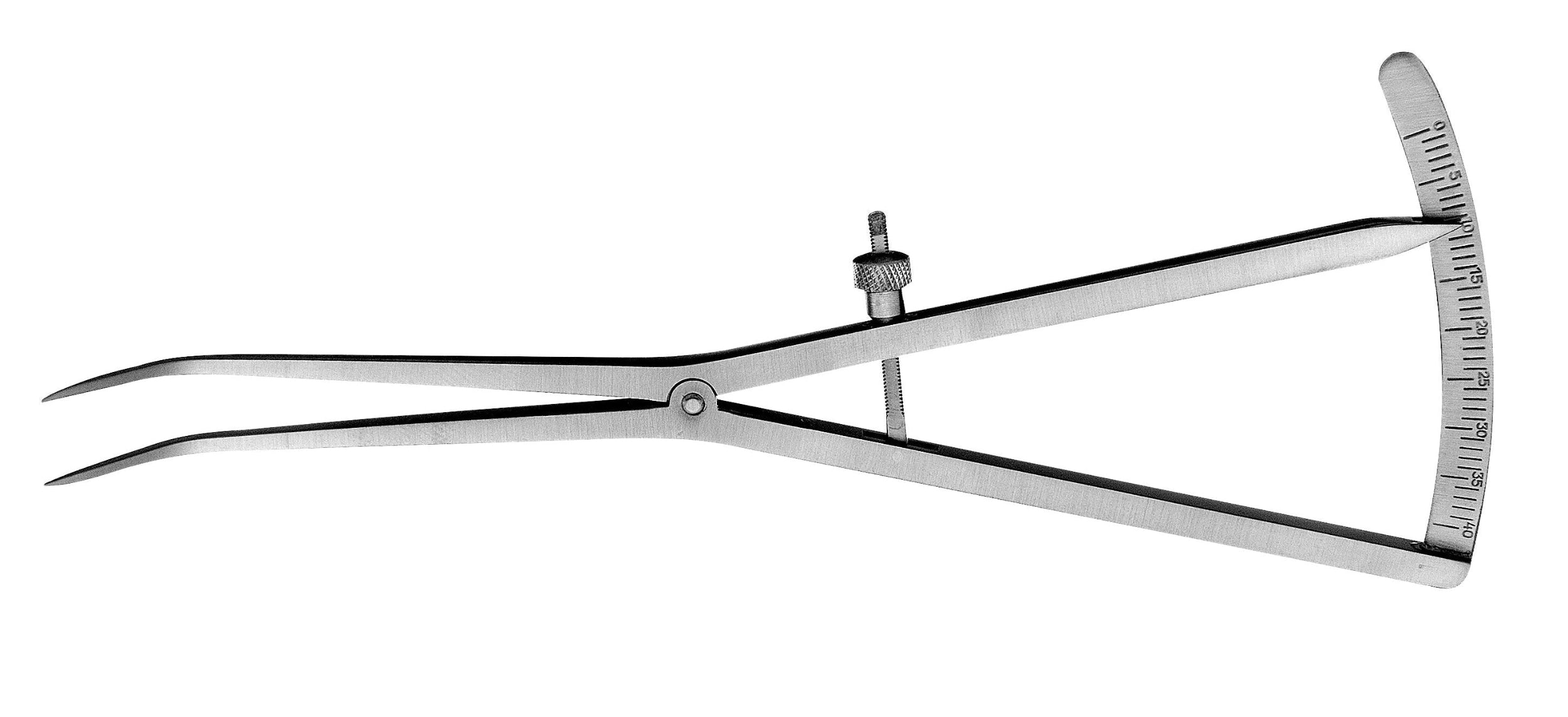 The Hu-Friedy Castroviejo Caliper 40mm Curved, made of surgical stainless steel with pointed jaws, an adjustment screw, and a curved ruler with measurements, is used for precise oral surgery measuring. Brand: Hu-Friedy. Plain white background.