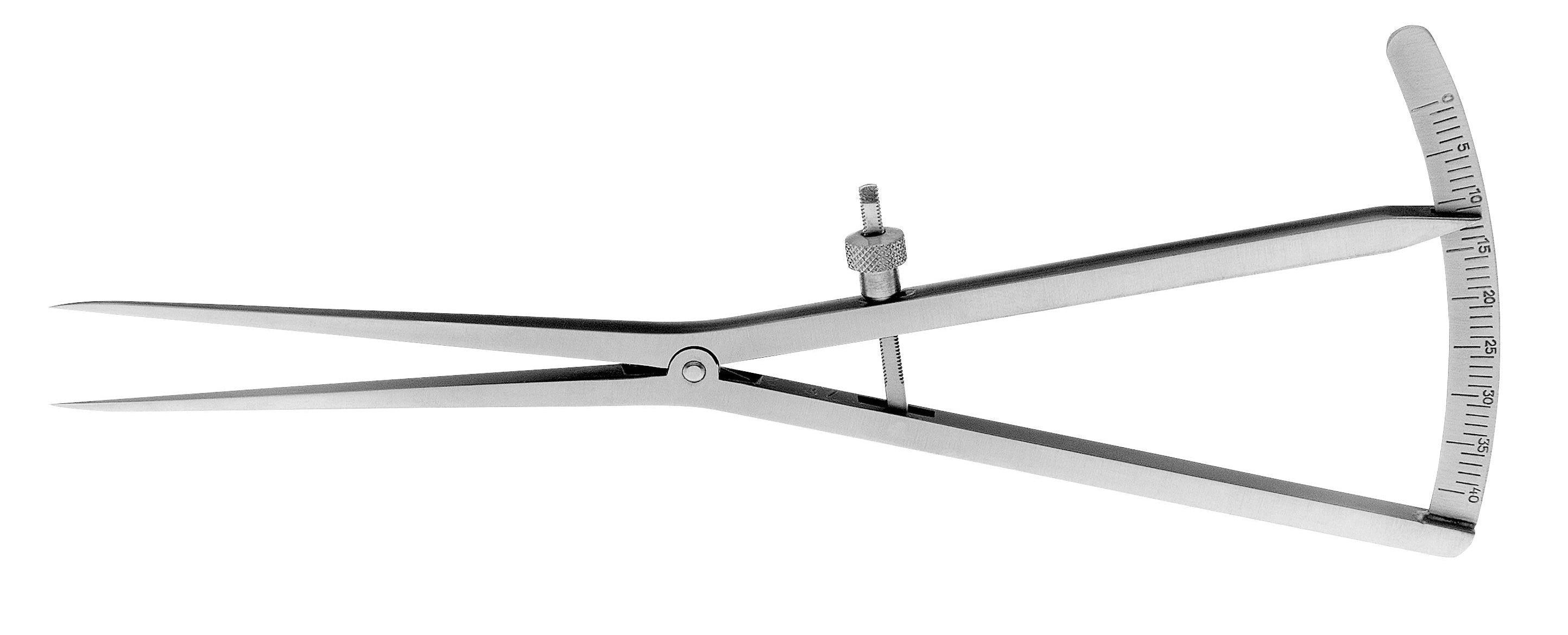 The Hu-Friedy Castroviejo Caliper 40mm Long features sharp pointed tips, an adjustable precision screw, and a curved engraved ruler—ideal for surgical measurements. Instrument isolated on a white background by Hu-Friedy.