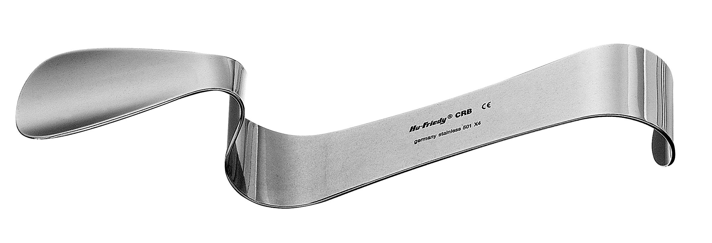 The Hu-Friedy Cheek Retractors (Columbia/Bishop/Urban/Simion) by Hu-Friedy feature a flat, curved stainless steel design with flared ends, ideal for soft-tissue retraction and commonly used during oral surgery.