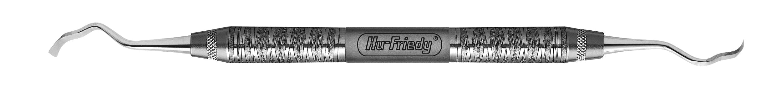 The Hu-Friedy 3/4 Solt DE Periodontal Chisel is a metal surgical instrument with two curved, pointed ends and a textured middle grip. Its handle features the engraved Hu-Friedy brand name.
