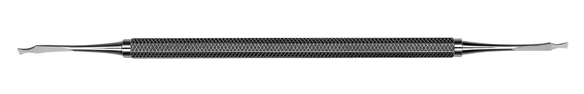 The Hu-Friedy Modified TG Ochsenbein Periodontal Chisels are double-ended metal dental tools with a textured center grip and curved, pointed tips, used for cleaning, shaping teeth, and osseous recontouring in periodontal procedures.
