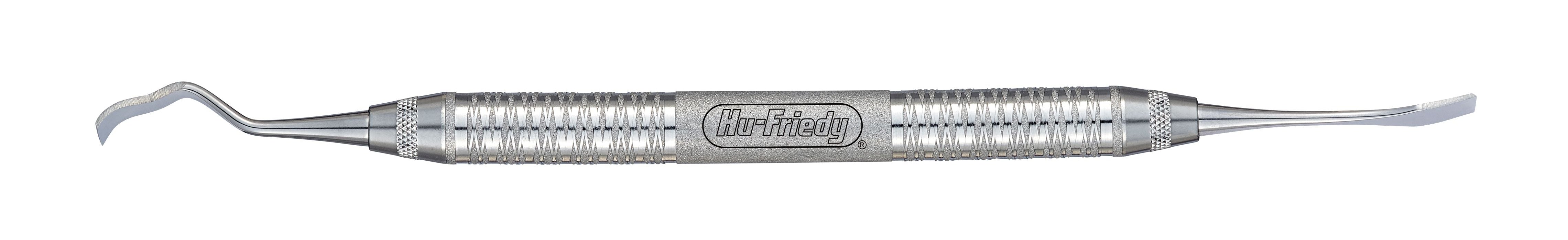 The Hu-Friedy Urban Back Action Chisels by Hu-Friedy are stainless steel dental tools with textured grips and curved ends, used for cleaning teeth, implant site measurement, or regenerative surgical procedures.