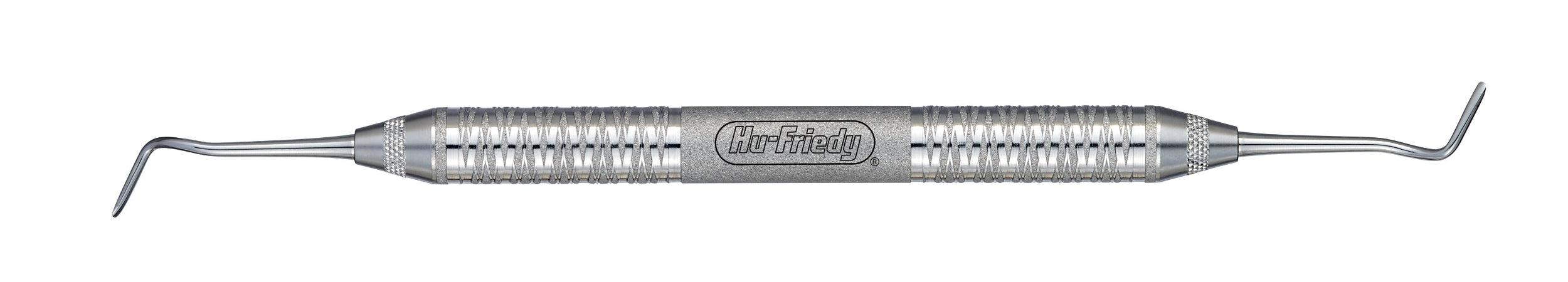 The Hu-Friedy Urban URBAN2 Periodontal Bone Chisel is a double-ended metal dental instrument with angled tips and a textured center grip, commonly used in periodontal surgical procedures such as crown lengthening.