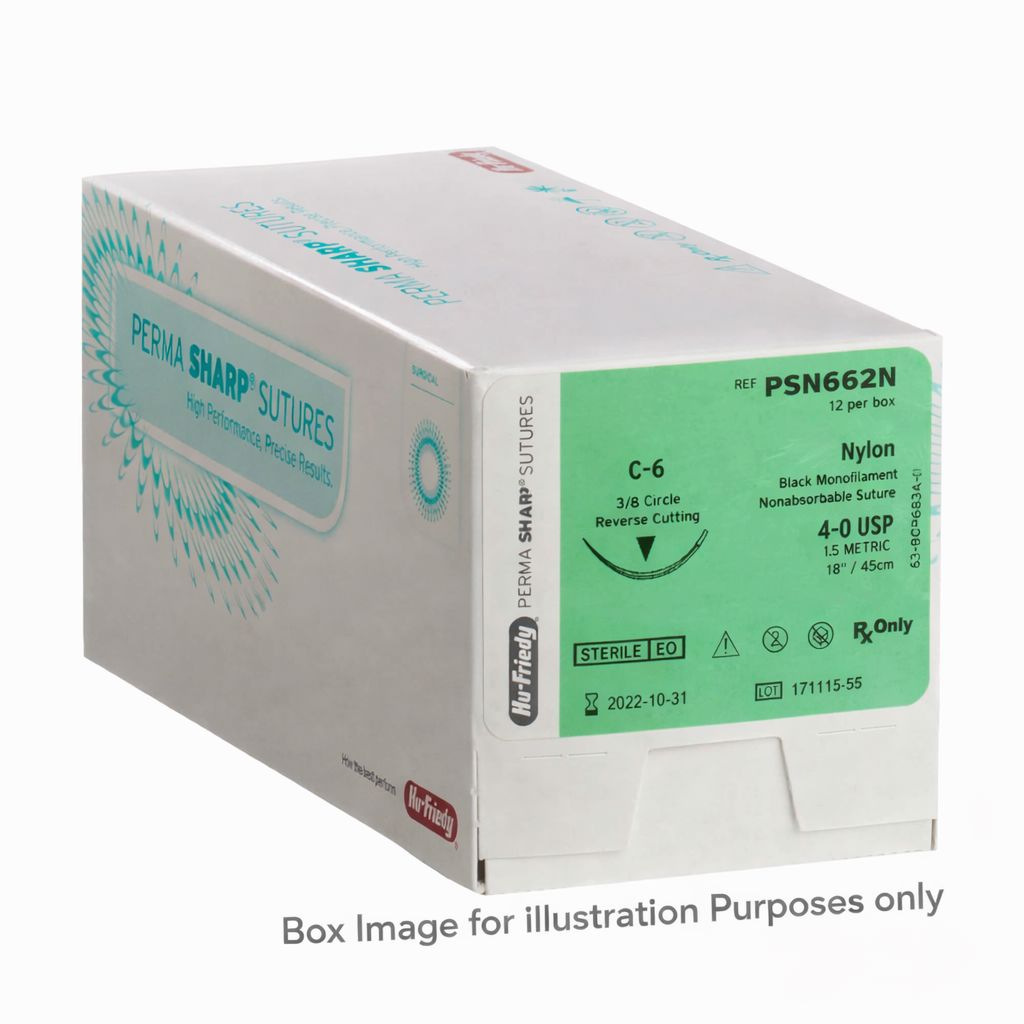 A white and green Hu-Friedy box labeled Perma Sharp Non-Absorbable Nylon Sutures for dental use, nylon 4-0 USP, 18 sutures; Box Image for illustration purposes only shown at the bottom.