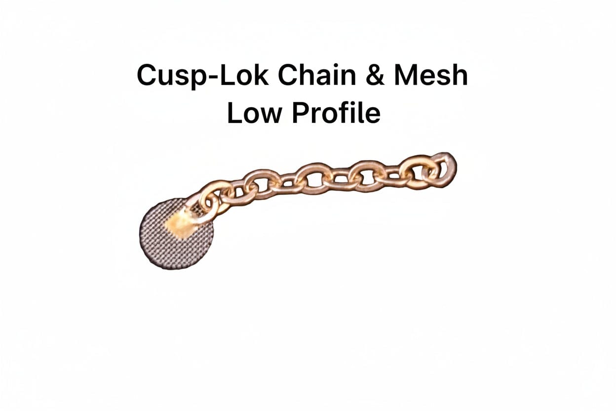 The Cusp-Lok Chain & Mesh Low Profile 14k Gold Traction Pad by Cusp-Lok features a textured round top and an attached gold chain, blending subtle elegance with dental-inspired design.