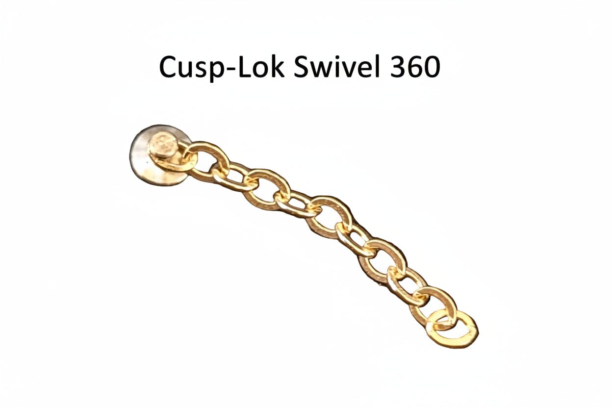 The Xemax Cusp-Lok Swivel 360 is a 14K gold, oval-link orthodontic traction chain with a round flat base. Its 360° swivel design is ideal for impacted canine cases.