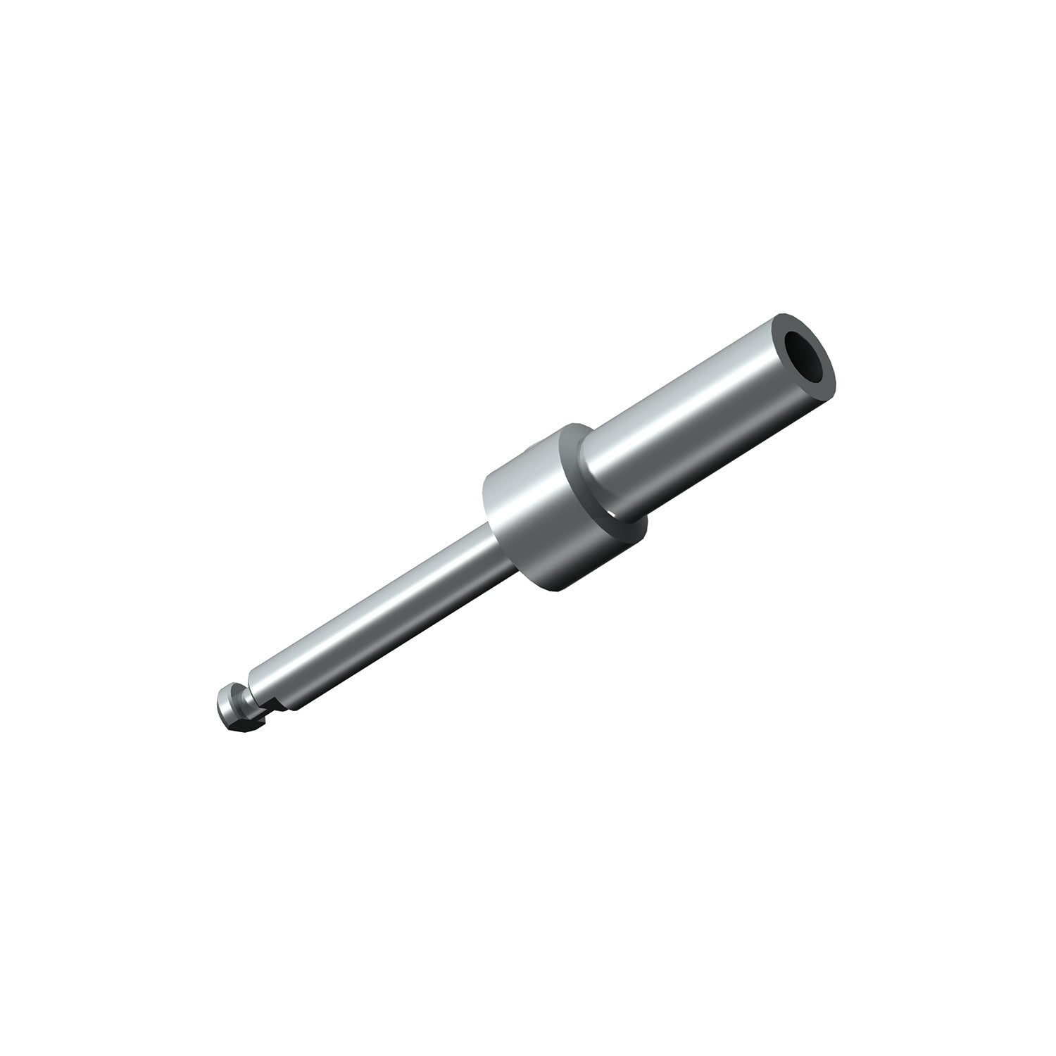 The Dentech Drill Extender by Dentech is a cylindrical metal pin with a rounded tip, wide collar near one end, and hollow other end, shown on a white background.