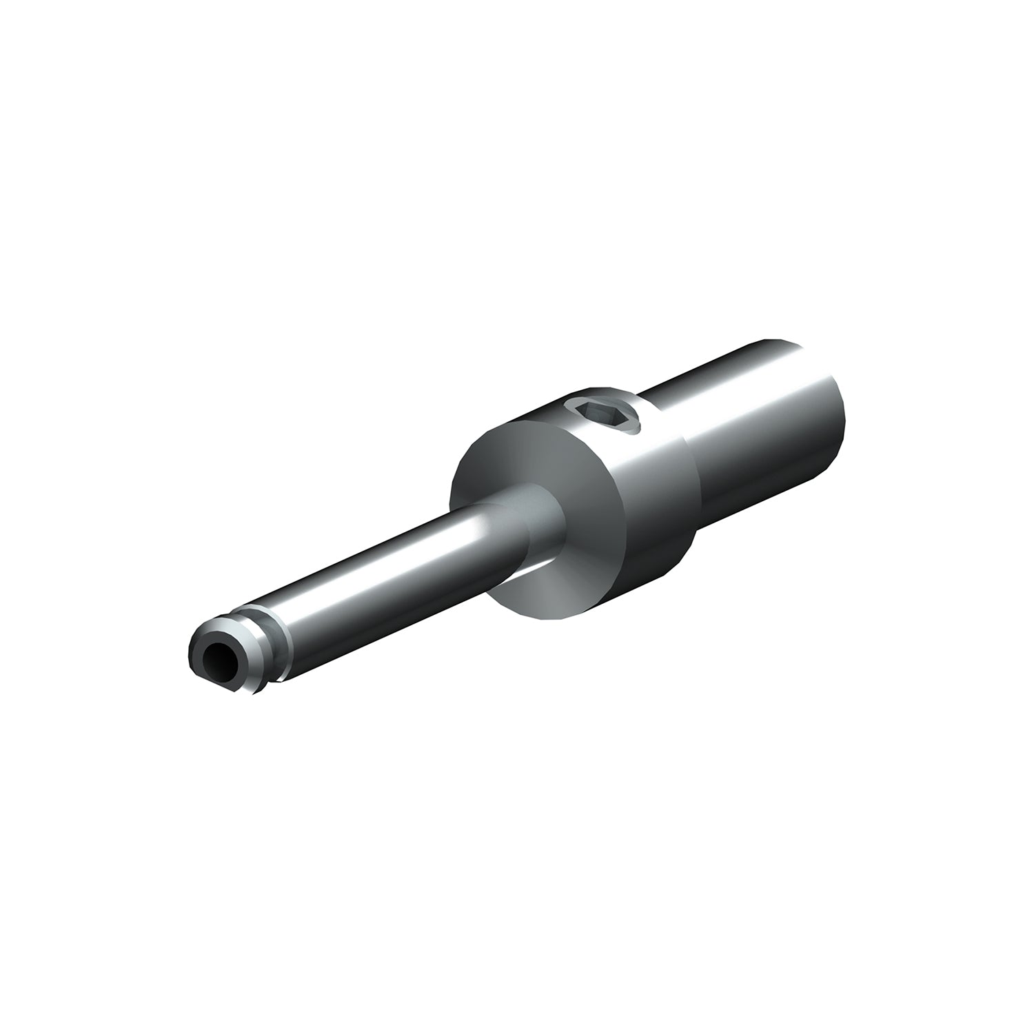 A 3D-rendered image shows the Dentech Drill Extender by Dentech, a metallic cylindrical mechanical component with a narrower shaft and a small circular hole at the base for internal irrigation, set against a white background.