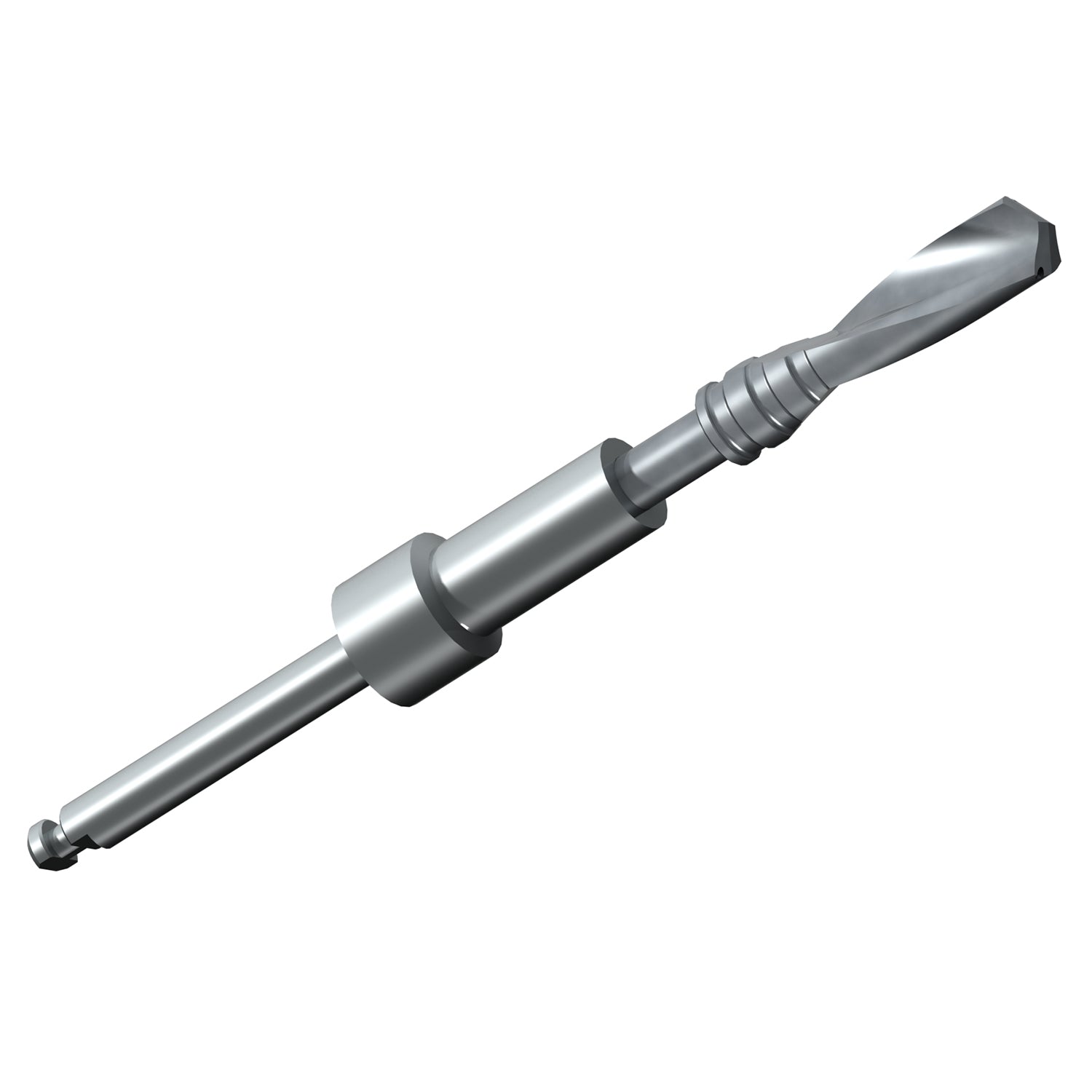 The Dentech Drill Extender by Dentech is a metallic dental file with a tapered, spiraled tip and cylindrical handle, designed for endodontic procedures like root canals when used with a surgical handpiece for precision.