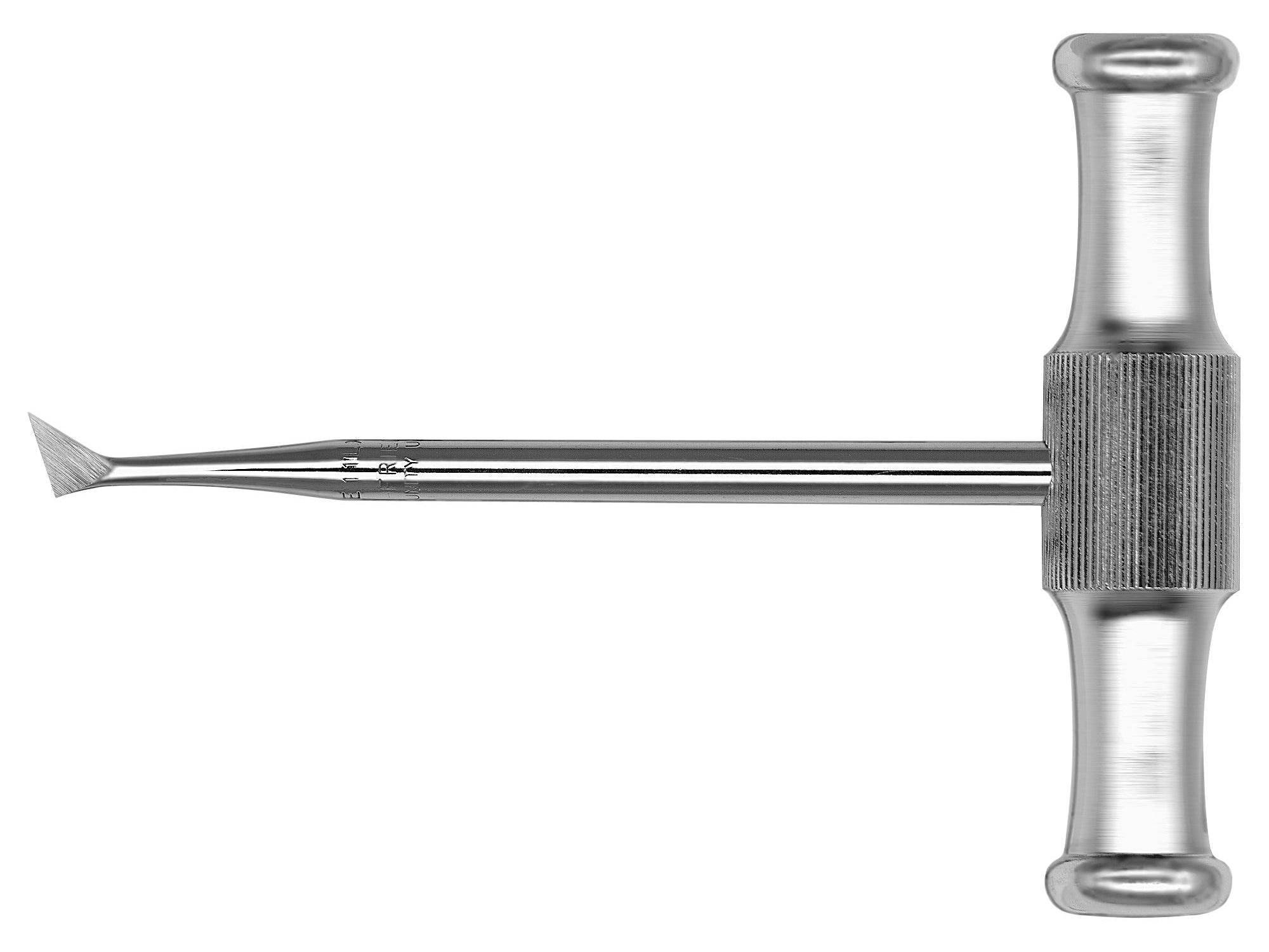 Hu-Friedy Winter 11/12/14 Cross-Bar Handle Elevators, manufactured by Hu-Friedy, are metal T-shaped surgical instruments with double handles and thin, slightly curved pointed blades used in medical or dental procedures like tooth extraction.