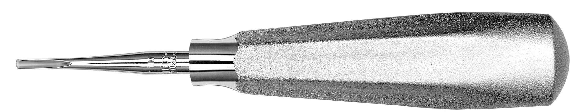 The Hu-Friedy MacMillan Elevator by Hu-Friedy features a metal handle with textured grip and a narrow, flat, curved tip, making it a key instrument commonly used in dental tooth extraction procedures.