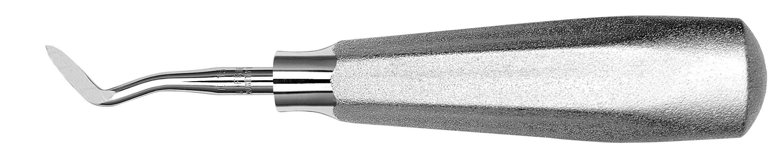 A close-up of the Hu-Friedy Woodward Elevator, a surgical tool by Hu-Friedy with a textured handle and curved flat tip, designed for lower molar root removal during extractions.