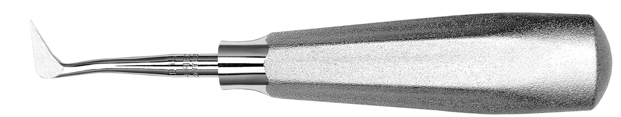 The Hu-Friedy Seldin Elevator by Hu-Friedy features a textured metal handle and curved, flat tip for periodontal ligament elevation during surgical tooth extraction, shown against a white background.