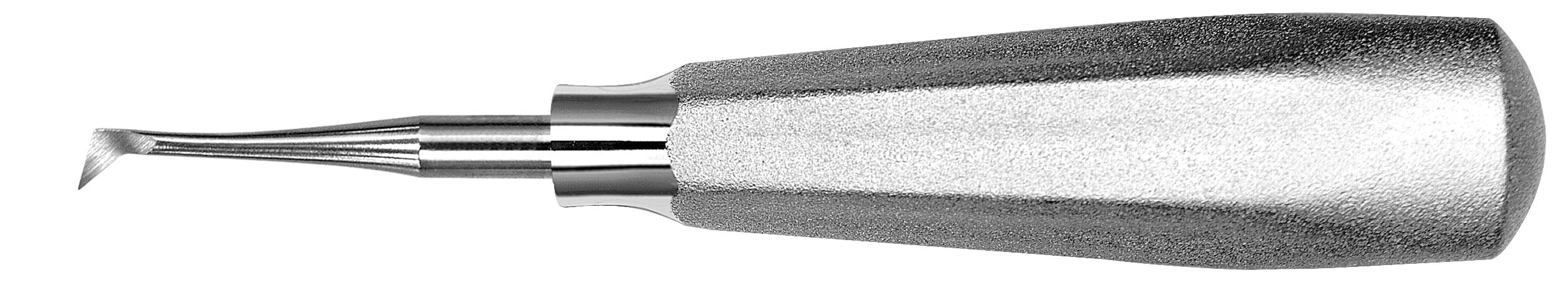 A close-up of a Hu-Friedy Mini Cryer Elevator by Hu-Friedy, featuring a textured metallic handle and curved, flat tip designed for loosening teeth or root fragments during surgical extractions.