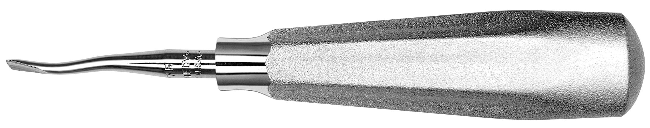 The Hu-Friedy Serrated 77 & 77R Elevators by Hu-Friedy feature a textured metallic handle and curved, flat tip, designed for posterior molar and mesial atraumatic extractions in dental procedures.
