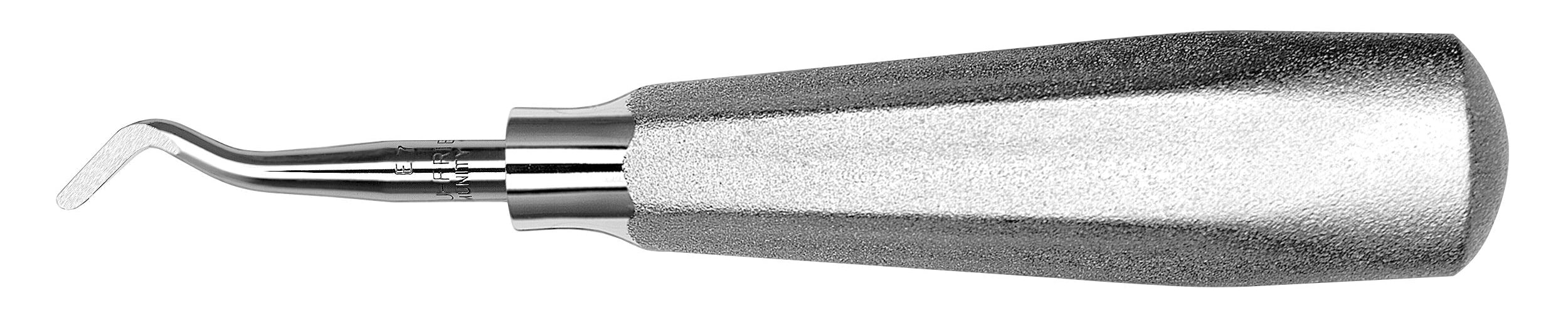 The Hu-Friedy Potts Elevator, by Hu-Friedy, features a textured grey hexagon handle and an angled, curved tip made of stainless steel, designed for impacted third molar extraction procedures.
