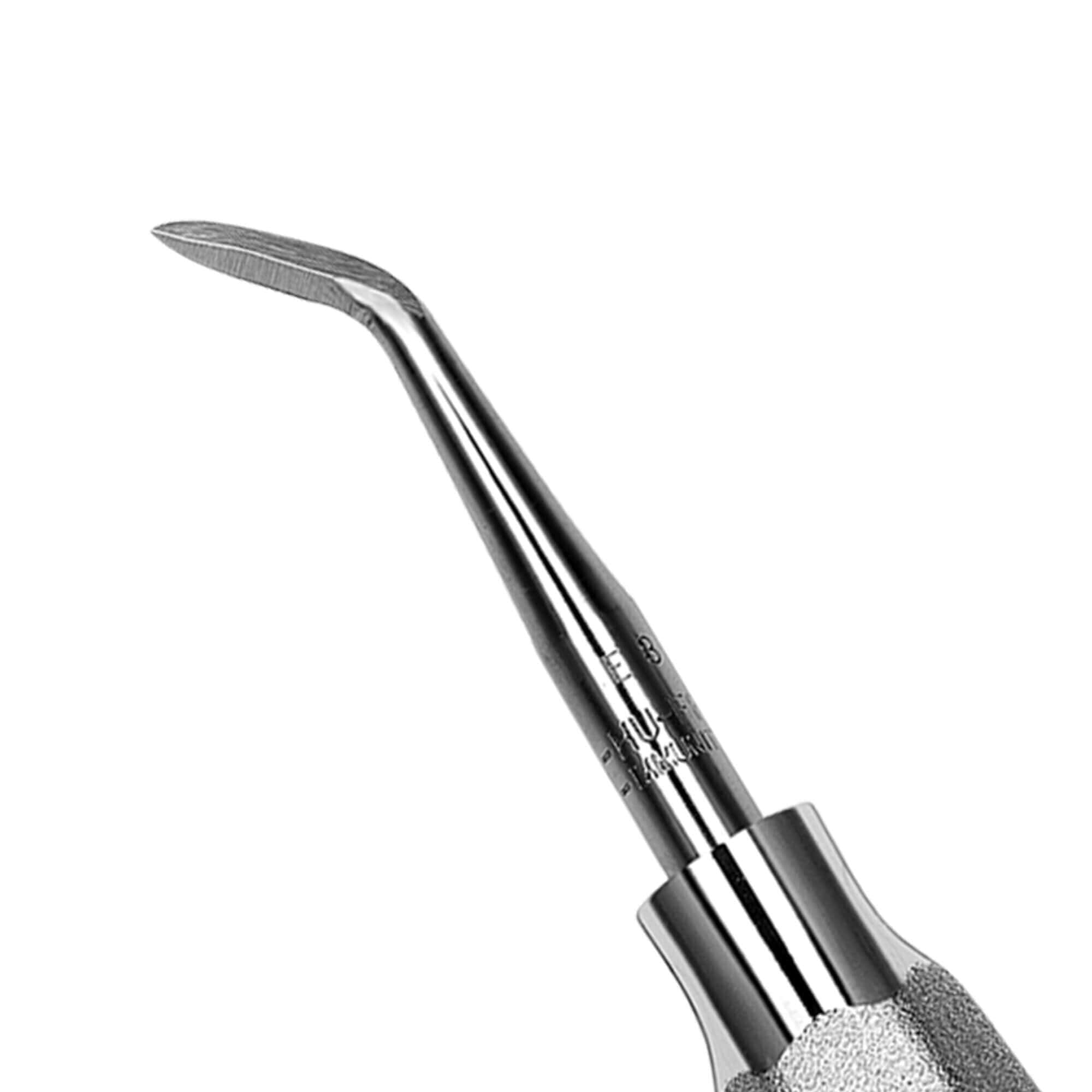A close-up of the Hu-Friedy #8 Crane Pick Elevator, a dental tool by Hu-Friedy featuring a curved, textured metal tip and grip handle, commonly used with surgical elevators for tooth extraction and removal of plaque and tartar.