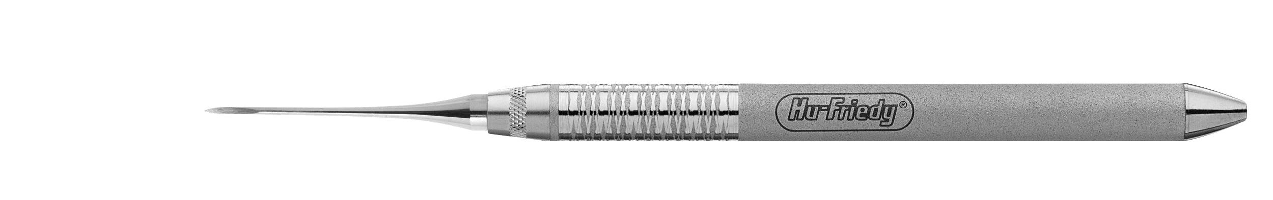The Hu-Friedy 9 West / 9L / 9R Root Tip Pick by Hu-Friedy is a stainless steel dental tool with a textured handle and a thin, flat, rounded tip, shown on a white background.