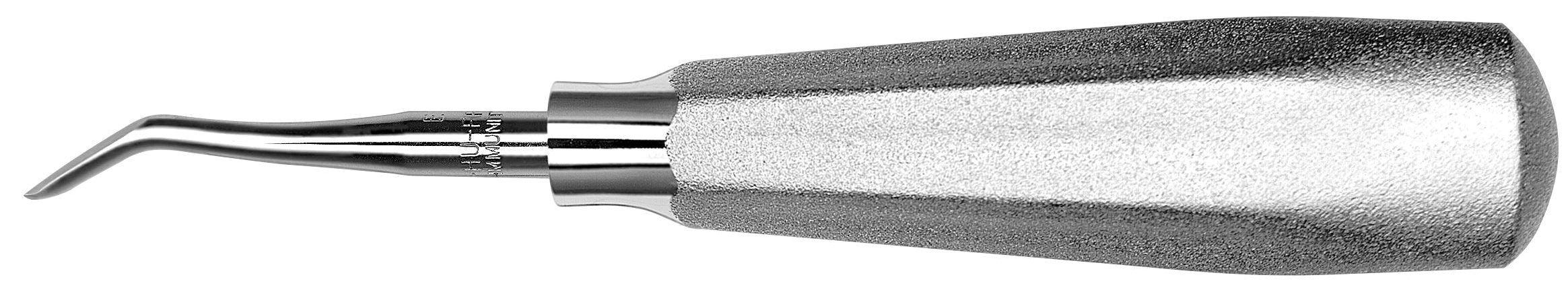 The Hu-Friedy 98 Elevator by Hu-Friedy features a textured metal handle and a curved, pointed tip, designed for molar extraction and effective elevation of the periodontal ligament during tooth extractions.