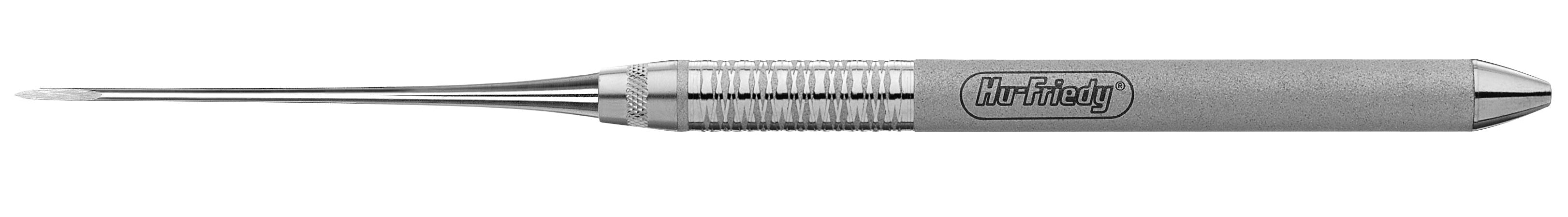 The Hu-Friedy Davis Single Ended Root Tip Pick is a stainless steel dental tool with a textured grip and curved, narrow tip, ideal for posterior root tip removal; the handle features the engraved Hu-Friedy brand name.