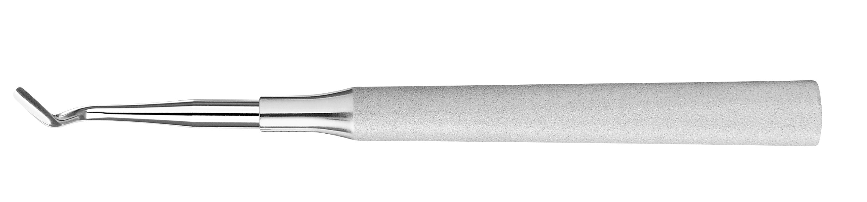 The Hu-Friedy Hoexter Mesial Distal Luxating Elevator by Hu-Friedy features a textured, cylindrical handle and flat, angled tip, ideal for atraumatic tooth extractions and ridge preservation, shown isolated on a white background.