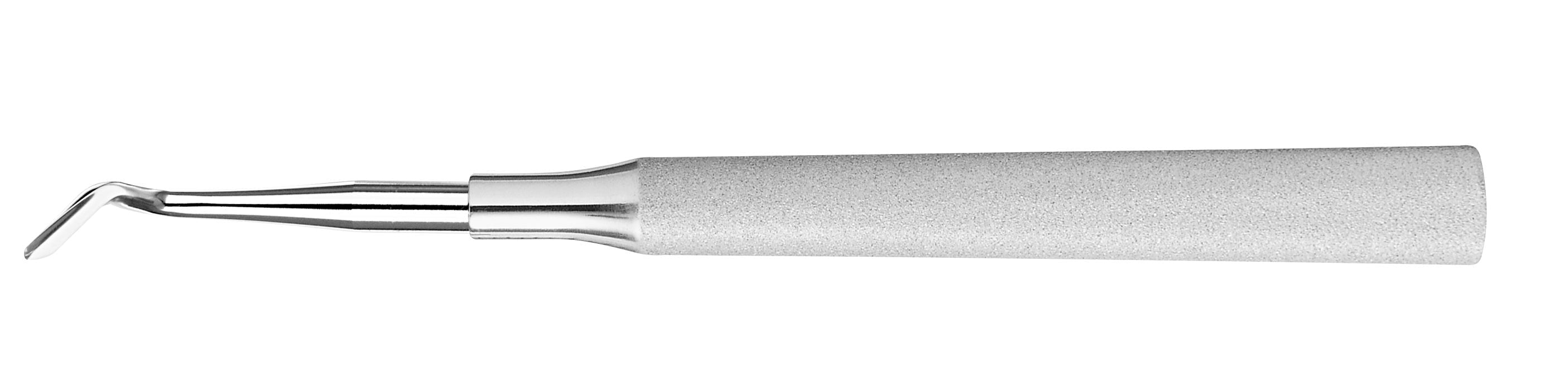 The Hu-Friedy Hoexter Mesial Distal Luxating Elevator by Hu-Friedy is a stainless steel tool with a textured cylindrical handle and angled flat tip, designed for atraumatic tooth extraction and ridge preservation in dental procedures.