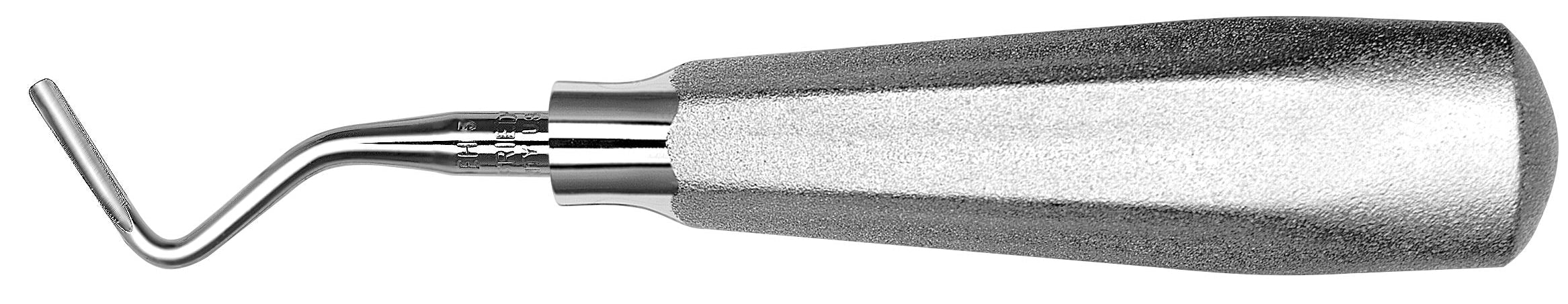 The Hu-Friedy Serrated 5 / 6 Hourigan Elevator by Hu-Friedy features a textured ergonomic handle and angled tip, ideal for dentists to extract or loosen teeth from the periodontal ligament.