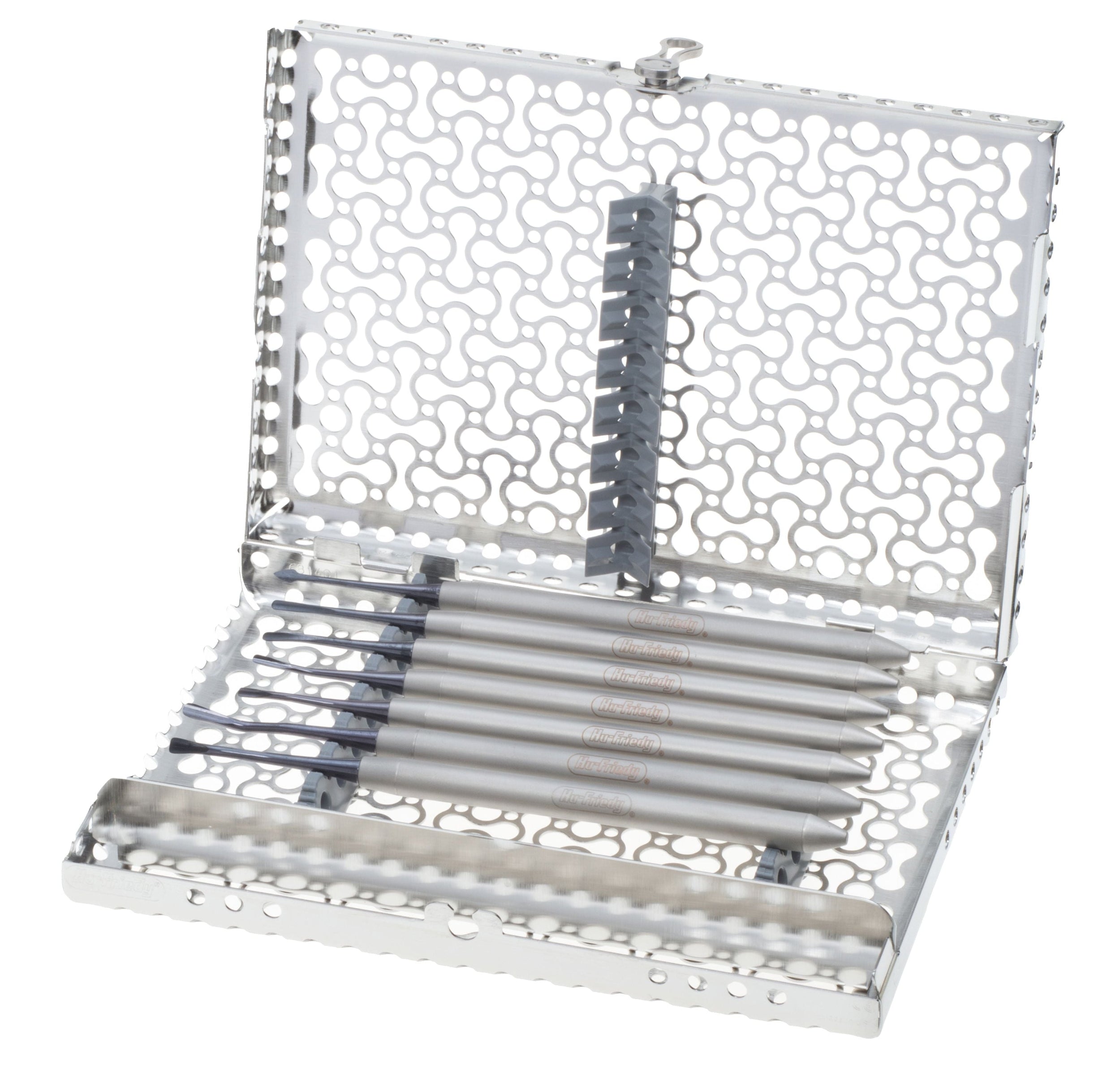 The Hu-Friedy Luxating Hybrid Kit, Black Line, features a black perforated metal case with a latch at the top, displaying six silver dental instruments neatly arranged for optimal storage and hygiene.